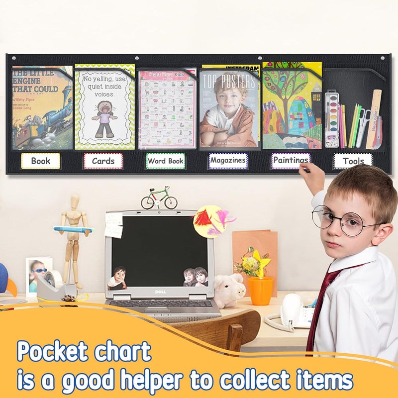AKAYOK 6 Pockets Storage Pocket Chart for Classroom Small Group Management, Champs Chart, Poster, Photo Wall Display, Drawing, Classroom Organization and Storage (Black) - Image 3